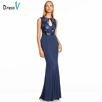 Dressv tamsiai mėlyna ilgą vakarinę suknelę backless pigūs samtelis kaklo vestuves oficialų suknelė siuvinėjimo vakaro suknelės