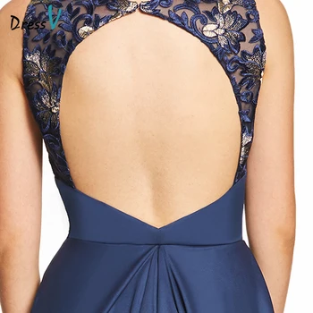 Dressv tamsiai mėlyna ilgą vakarinę suknelę backless pigūs samtelis kaklo vestuves oficialų suknelė siuvinėjimo vakaro suknelės