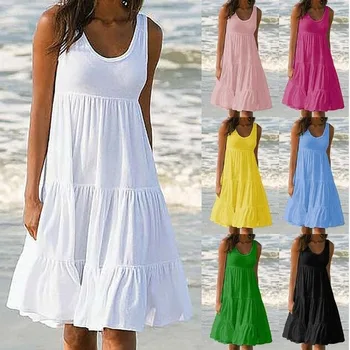 2020 Moterų Atsitiktinis Rankovių Apykaklės Siūlėmis Didelis Paplūdimys Suknelė Harajuku Marškinėliai Suknelė