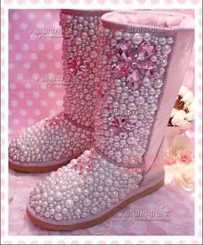 Rožinė princesė odos pearl visą deimantas, kalnų krištolas perlas sniego batai