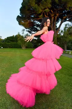Kendall Jenner Fuksija Prom Dresses Aukštas Žemas Stebėjimo Pakopų Klostyti Tiulio Vakarą Įžymybių Chalatai 2021 Oficialų Šalis Suknelės Naujas