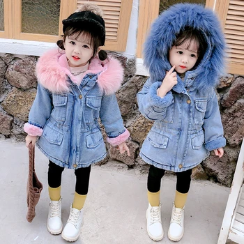 Baby girl drabužiai žiemos striukės 1-7 metų vaikams sustorėjimas Plius aksomo džinsinio striukė Kailis Šiltas Mažylis berniukas medvilnės striukė kailis