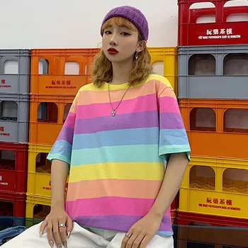 Harajuku Hip-Hop Vaivorykštė Dryžuotas marškinėliai Moksleivė Vasaros Viršūnes Negabaritinių Prarasti Trumpas Rankovėmis Tee Japonijos Moterų Streetwear