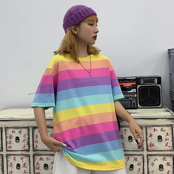 Harajuku Hip-Hop Vaivorykštė Dryžuotas marškinėliai Moksleivė Vasaros Viršūnes Negabaritinių Prarasti Trumpas Rankovėmis Tee Japonijos Moterų Streetwear