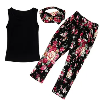 Vasaros new baby girl vientisos spalvos berankoviai marškinėliai + gėlių kelnės + plaukų juosta rinkinys 3 dalių kostiumą atsitiktinis mados saldus drabužiai