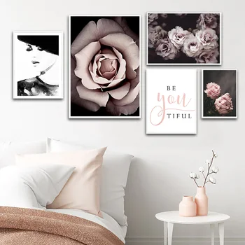 Pink Gėlių Mados Juoda Balta Panele Plakatas Gražus Kraštovaizdis Spausdinti Drobė Menas Sienos Nuotrauka Šiuolaikinės Mergina Kambaryje Namų Dekoro
