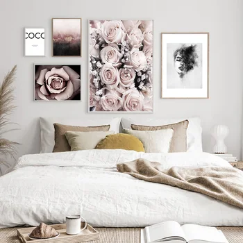 Pink Gėlių Mados Juoda Balta Panele Plakatas Gražus Kraštovaizdis Spausdinti Drobė Menas Sienos Nuotrauka Šiuolaikinės Mergina Kambaryje Namų Dekoro