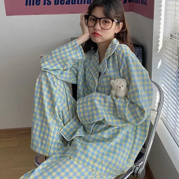 Naujas Korėjos Stiliaus Moteriški Pajama Komplektai Pavasario Pledas Mielas Ilgomis Rankovėmis, Minkšta Atsitiktinis Sleepwear Rudenį Prarasti Naktiniai Drabužiai Mados Moterų