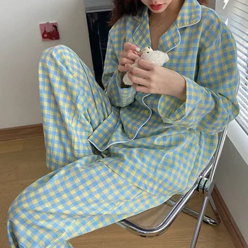 Naujas Korėjos Stiliaus Moteriški Pajama Komplektai Pavasario Pledas Mielas Ilgomis Rankovėmis, Minkšta Atsitiktinis Sleepwear Rudenį Prarasti Naktiniai Drabužiai Mados Moterų