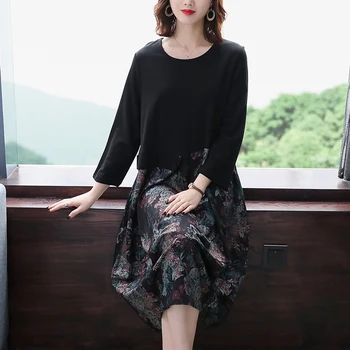 2021 Vintage Black Gėlių Margumynas Midi Suknelė Rudens Žiemos Korėja 3XL Plius Dydis Ilga Suknelė Moterims, Elegantiškas Bodycon Šalies Vestido