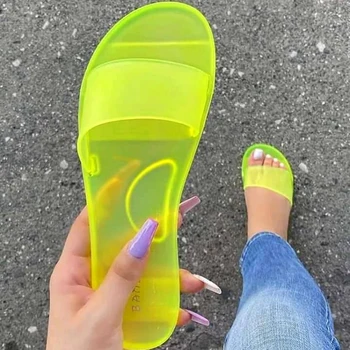 Naujas Moterų Šlepetės Fluorescencinė Geltona Kristalų Butas Šlepetės Moterims Basutės Atviros Kojų PVC Skaidres Moterų Candy Spalva Sandalias