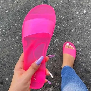 Naujas Moterų Šlepetės Fluorescencinė Geltona Kristalų Butas Šlepetės Moterims Basutės Atviros Kojų PVC Skaidres Moterų Candy Spalva Sandalias