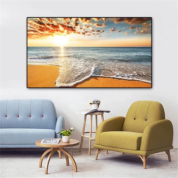 Gamtos Gold Beach Sunset Jūros Bangų Marina Plakatų ir grafikos Paveikslai Tapyba Skandinavijos Sienos Meno HD Vaizdą už Kambarį