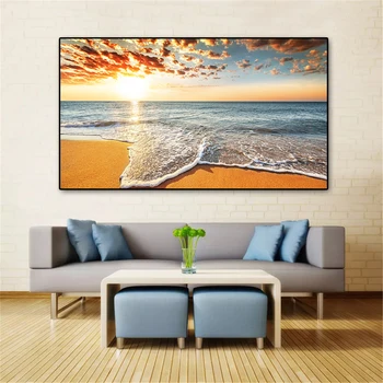 Gamtos Gold Beach Sunset Jūros Bangų Marina Plakatų ir grafikos Paveikslai Tapyba Skandinavijos Sienos Meno HD Vaizdą už Kambarį