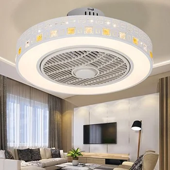 Šiuolaikinės baltai dažytos geležies ventiliatorius šviesos kristalų dekoratyvinis akrilinis LED apšvietimas mobiliojo telefono pritemdomi miegamasis ventiliatorius lempos