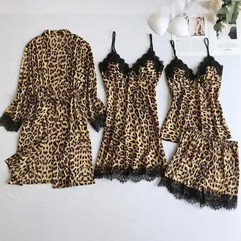 Šilko Kimono Chalatas Moterims Leopard Skraiste & Suknelė Rinkiniai Nightdress 4 Gabalus Pižama Rinkiniai Dirbtiniais Šilko Skraiste Femme Apatinis Trikotažas Namų Drabužiai