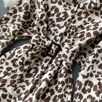 Moterų Trumpi Marškinėliai Suknelė Mini Stiliaus Turn-Žemyn Apykaklės Nėrinių Juosmens Tvarstis Plonas Retro Leopardas Spausdinti Vestidos PL588