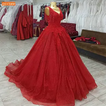 Sparkly Raudona Vestuvių Suknelės Nėrinių Vestido De Noiva 2021 Appliques Zawalcowany Tiulio Kamuolys Suknelė Vestuvių Suknelės Moterims Chalatas De Mariée