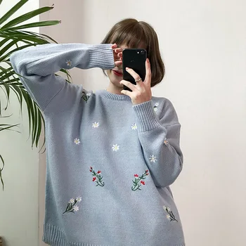 Naujasis Japonijos Stiliaus Mažai Gėlių Siuvinėjimas Megzti Megztinis Moterims Rudens Žiemos Ilgos Rankovės Džemperiai Ir Puloveriai) Su Moterimi Laisvalaikio Megztiniai
