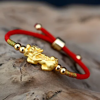 Raudona Virvė Pixiu Aukso Spalvos Tibeto Budistų Mazgų Reguliuojamas Žavesio Apyrankę, Moterys, Vyrai