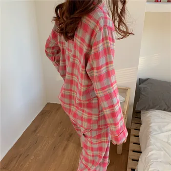 Kontrasto spalvų languotas sleepwear moterų pledas homewear pižama nustatyti namų drabužius ilgomis rankovėmis raudona apdaila šukuotinės medvilnės kelnės L153