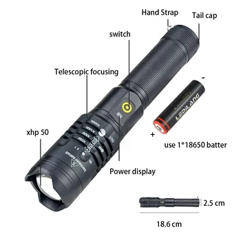 LED žibintuvėlis xhp50.2 labiausiai galingas žibintuvėlis 18650 usb fakelas xhp50 žibintų 18650 žibintas vertus, šviesa ir galia banko funkcija