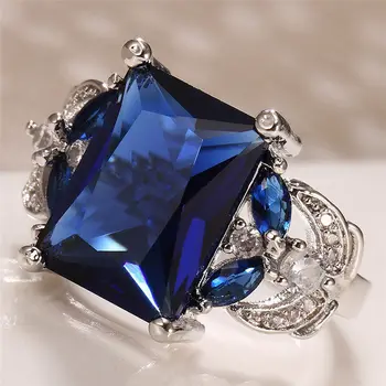 Natūralaus Safyro Cirkonis Diamond Engagement Uždaryti Žiedą, Moterims, 925 Sterlingas Sidabro Spalvos, Kelių Spalvų Papuošalai Mėlynas