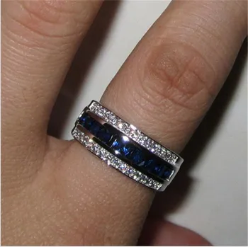 Vyriški Deluxe 10K baltasis Auksas Princesė cut-blue Sapphire Kristalas brangakmenio Juostos žiedas, Vestuviniai Žiedai Vyrams, Moterims, papuošalai