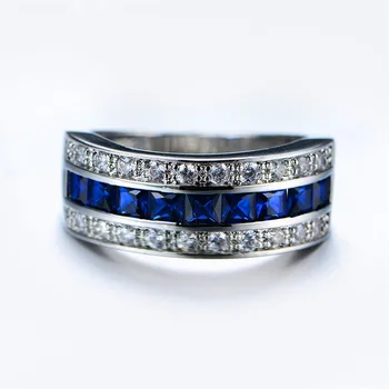 Vyriški Deluxe 10K baltasis Auksas Princesė cut-blue Sapphire Kristalas brangakmenio Juostos žiedas, Vestuviniai Žiedai Vyrams, Moterims, papuošalai