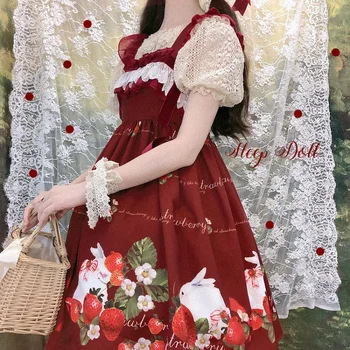 Japonijos Saldus Braškių Triušis Spausdinti Jsk Lolita Suknelė Vintage Viktorijos Mergaičių Gotikos Raukiniai, Nėriniai Princess Arbatėlė Suknelės