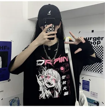 Japonijos Harajuku Streetwear Hip-Hop Trumpas Rankovės Atsitiktinis Spausdinimo Viršūnes, Gatvės, Hip-Hop Cool Marškinėliai Moteris Drabužiai