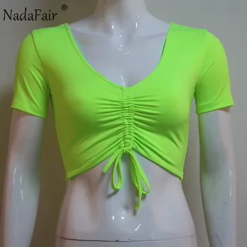 Nadafair Trumpomis Rankovėmis V-Kaklo Vasaros Sexy Marškinėliai Moterims Ruched Nėrinių Neon Viršūnes Moterų Drabužiai 2019 Apkarpyti Viršūnes