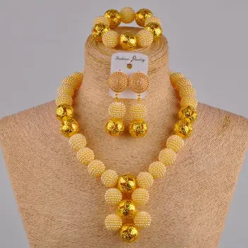 Smėlio imituojamas pearl afrikos aukso papuošalų rinkinys nigerijos vestuvių karoliukai kostiumas karoliai FZZ30-06