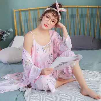 Pižama Moterų Pavasarį Ir Rudenį Seksualus Medvilnės Japonijos Trijų dalių Saldus Diržas Dirbtiniais Medvilnės Plius Dydis Sleepwear Atsitiktinis Miego Rinkinys