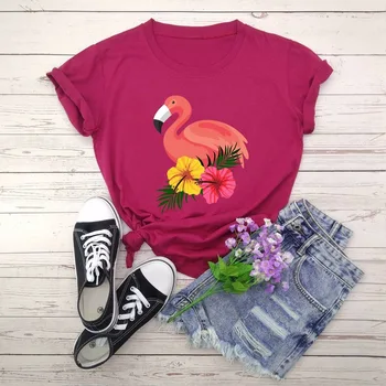 Vasarą Moterys T-Shirt S-5XL Plius Dydis Medvilnės Gražių Paukščių Gėlių Spausdinti Trumpas Rankovės Ponios Tees Viršūnes Atsitiktinis O-Kaklo Moterų Marškinėlius