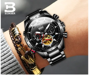 Šveicarijos Automatinis laikrodis Vyrams, BINGER Mechaninė Vyrų Laikrodžiai Sporto Karinės Laikrodis Relogio Masculino Vandeniui Nerūdijančio Plieno