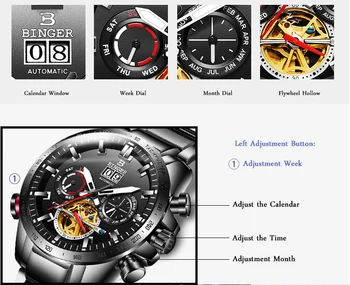 Šveicarijos Automatinis laikrodis Vyrams, BINGER Mechaninė Vyrų Laikrodžiai Sporto Karinės Laikrodis Relogio Masculino Vandeniui Nerūdijančio Plieno
