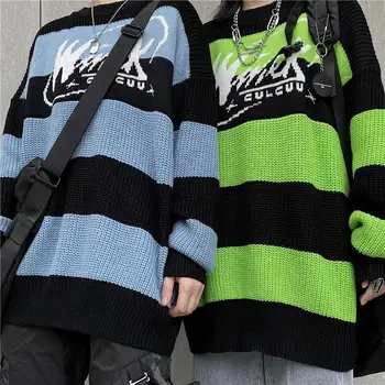 Korėjos ins retro tendencija moterų ir vyrų megztas megztinis, dryžuotas švarkas letter spausdinimo kontrastingumo žakardo puloveris laisvas