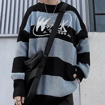 Korėjos ins retro tendencija moterų ir vyrų megztas megztinis, dryžuotas švarkas letter spausdinimo kontrastingumo žakardo puloveris laisvas