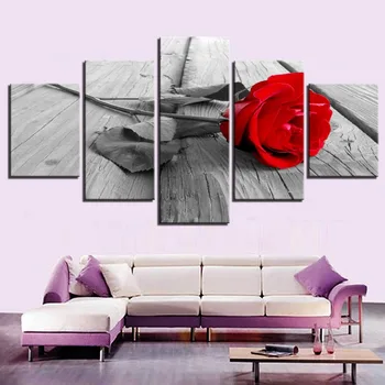 HD Namų Apdailos Drobė Nuotraukas Kambarį Šiuolaikinės 5 Skydelyje Raudona Rožė Gėlių Spausdinti Tapybos Sienos Meno Modulinės Plakato Rėmas