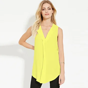 Palaidinės & Marškinėliai moterims karšto Rankovių V-kaklo šifono vest palaidinė atsitiktinis mados Palaidinės, geltona / juoda dydis s-6xl