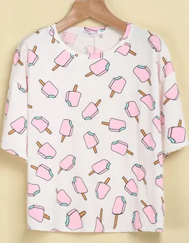 YAYEYOU 2020 metų Vasaros Moterų Pink Ice Cream Atspausdintas T-shirt Viršūnes Saldus O-Kaklo Laisvalaikio Mados Mielas moteriški Drabužiai