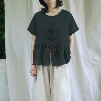 Johnature Moterų Derliaus Medvilnės Ramės (Kiniškosios Dilgėlės) Marškiniai Ir Palaidinės 2020 M. Vasarą Naujas Originalus O-Kaklo Trumpomis Rankovėmis Viršūnes Kinų Stiliaus Marškinėliai