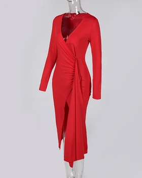 2020 M. Moteris Raudona Giliai V Kaklo Šalis Suknelė Midi Mados Suknelė, Kietas Ruched Aukštos Ritininės Suknelė