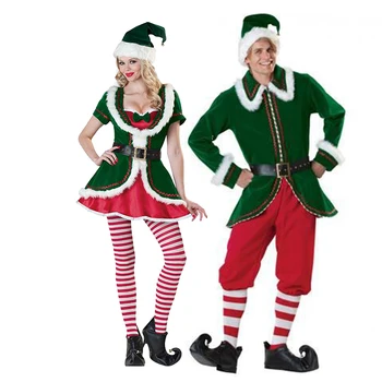 Karnavalas Santa Claus Žalia Elf Kostiumas Kalėdų Jolly Išgalvotas Šalis, Green Velvet Pora Suknelė Cosplay Helovinas