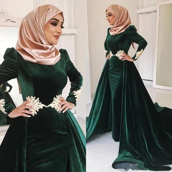 Eightae Musulmonų vakarinę Suknelę Žalia caftan Aukso Appliques ilgomis Rankovėmis Undinė Aksomo arabų Kaftan Dubajus Prom Šalis Suknelė
