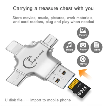 Ingelon Metalo 4 1 SD Card Reader microsd atminties OTG Kortelės adapteris, skirtas 