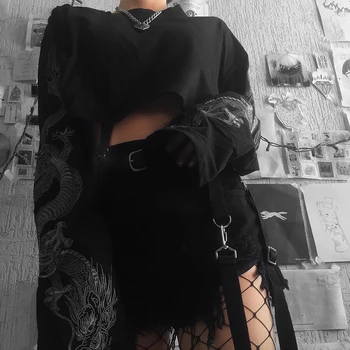 Gotikos Dragon Spausdinti Trumpa Juoda Palaidinukė Megztiniai Megztinis Moterims 2020 harajuku Rudenį ilgomis Rankovėmis Įrašą Apkarpyti Viršūnes Streetwear