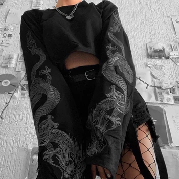 Gotikos Dragon Spausdinti Trumpa Juoda Palaidinukė Megztiniai Megztinis Moterims 2020 harajuku Rudenį ilgomis Rankovėmis Įrašą Apkarpyti Viršūnes Streetwear