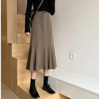 Rudenį ir žiemą 2021 naujų korėjos versija su paaukštintu liemeniu-line sijonas plonas ir išmušti vidutinio ilgio maišelį klubo sijonas moterims